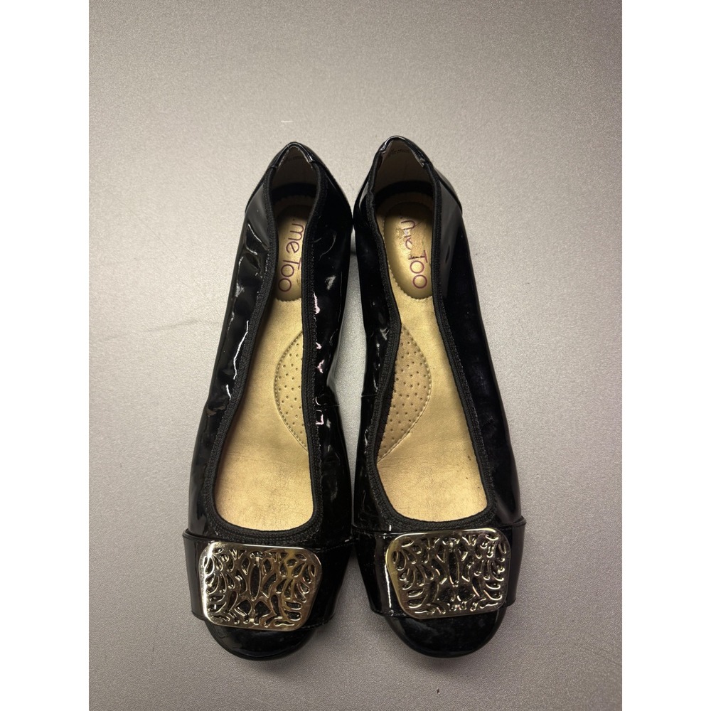 Me Too Album Black Patent Square Toe Ballet Flats Gold Buckle 8.5M